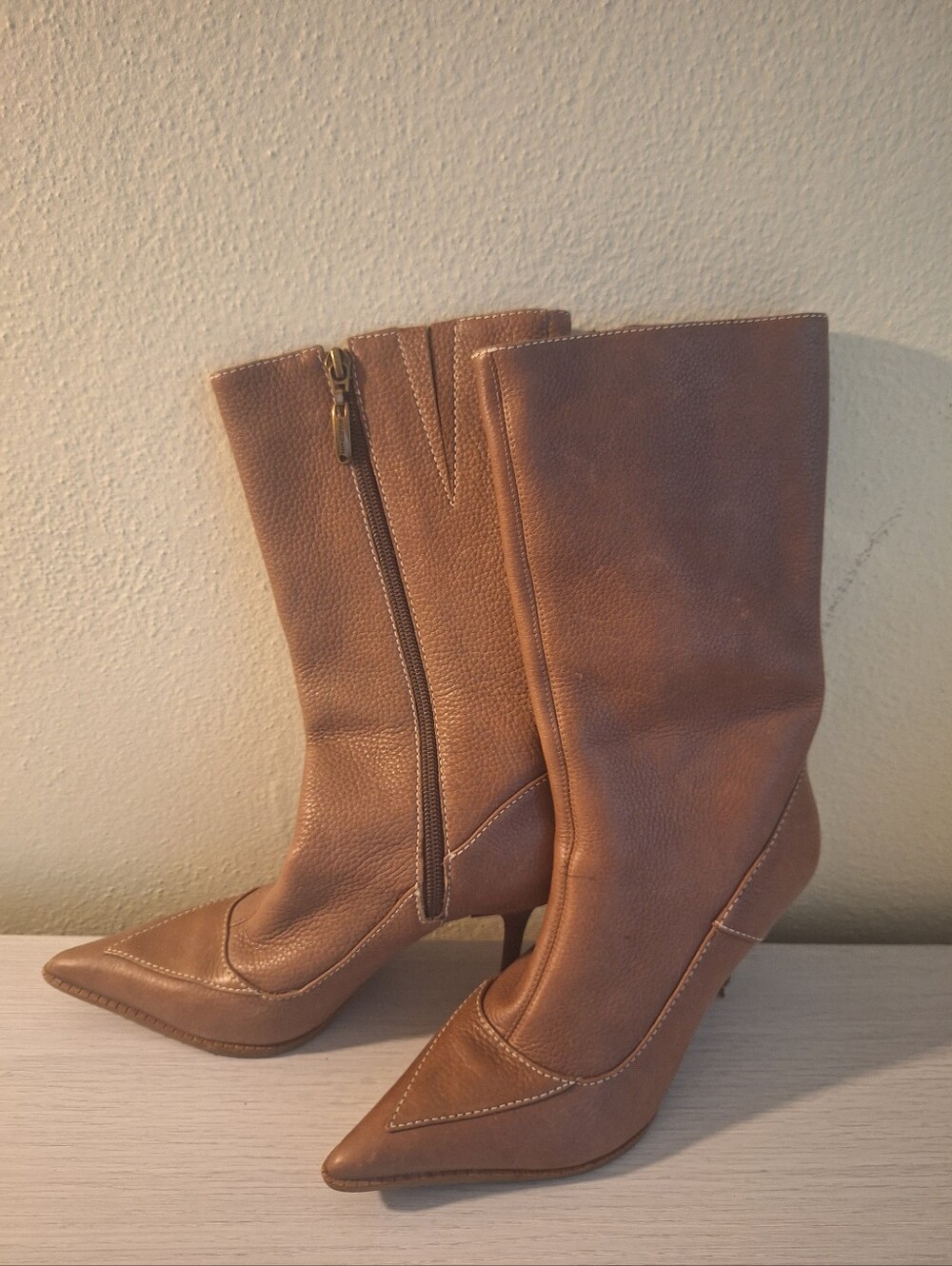 SCHUTZ Tan Pointed-Toe Mid-Calf Heeled Boots